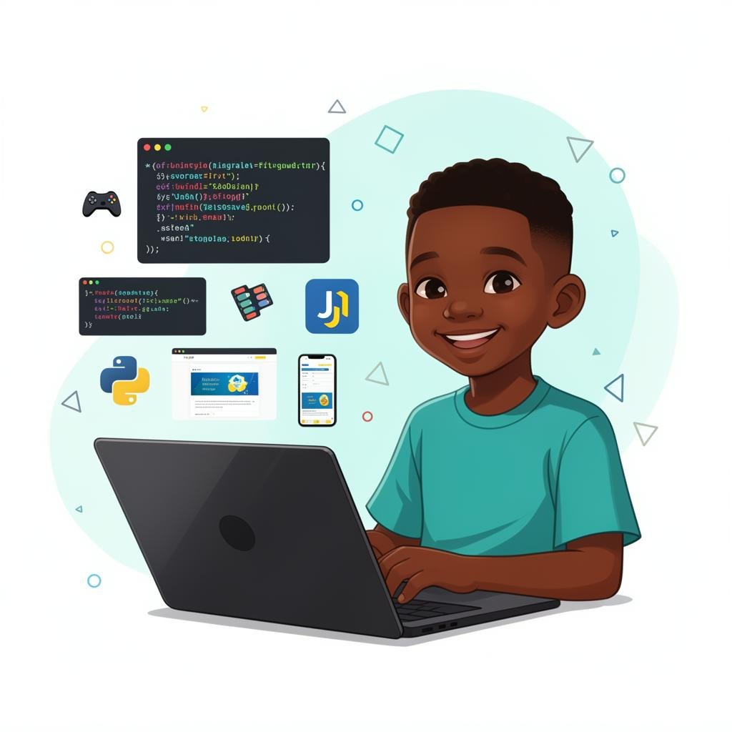 Nigerian child learning to code on a laptop with floating code blocks and app icons