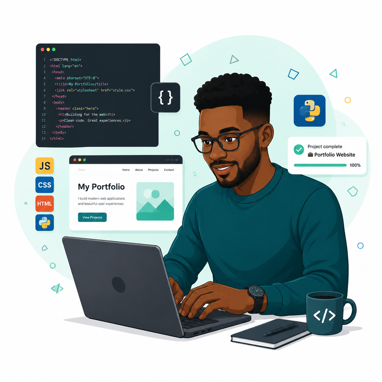 Nigerian child learning to code on a laptop with floating code blocks and app icons